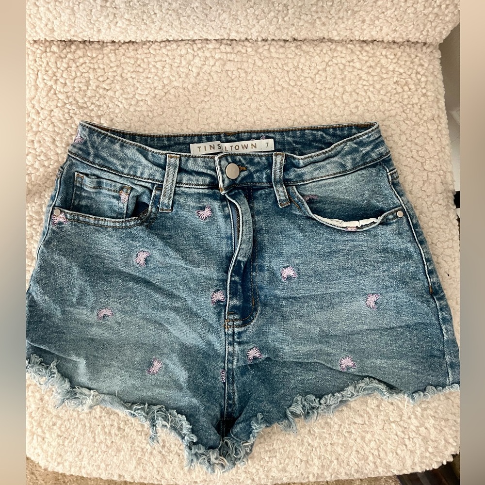 Tinseltown Blue Denim Shorts with Purple Embroidered Butterflies